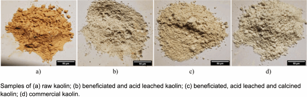 raw, beneficiated, acid-leached, and calcined kaolin samples