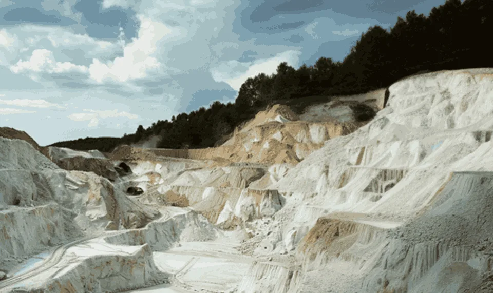 wide panoramic view of a large-scale white kaolin clay quarry under a cloudy sky, representing professional industrial clay supply