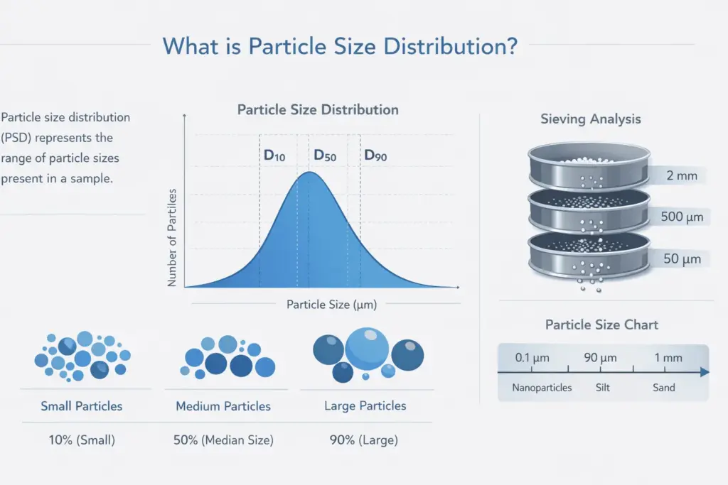 Particle size distribution (PSD) diagram showing D10, D50, D90 curve, sieving analysis process, and particle size ranges from nanoparticles to sand