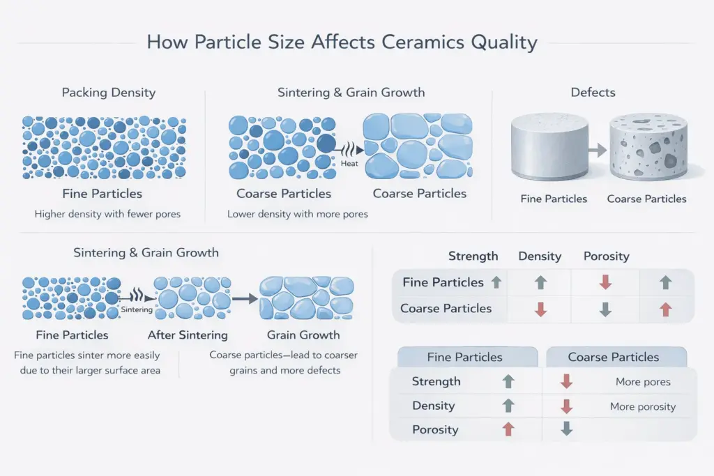 Diagram showing how particle size affects ceramics quality, including packing density, sintering, grain growth, strength, porosity, and defects for fine vs coarse particles