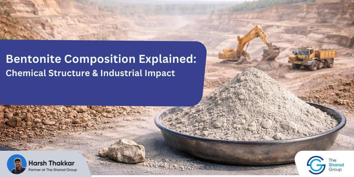 Professional industrial banner for bentonite composition and chemical structure featuring high-quality bentonite powder at an active mining site in India.