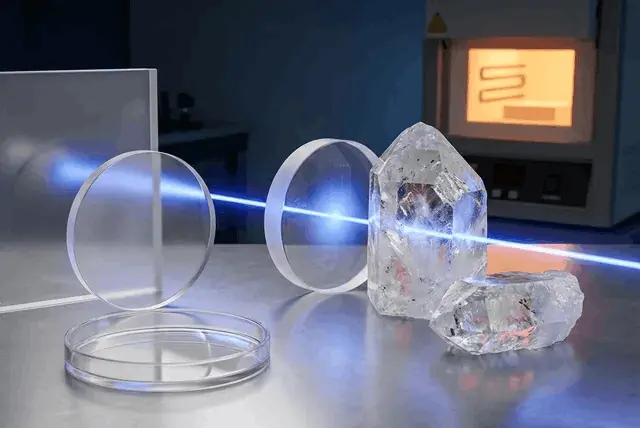 Fused silica glass discs in laboratory setting illustrating man-made quartz material and optical clarity