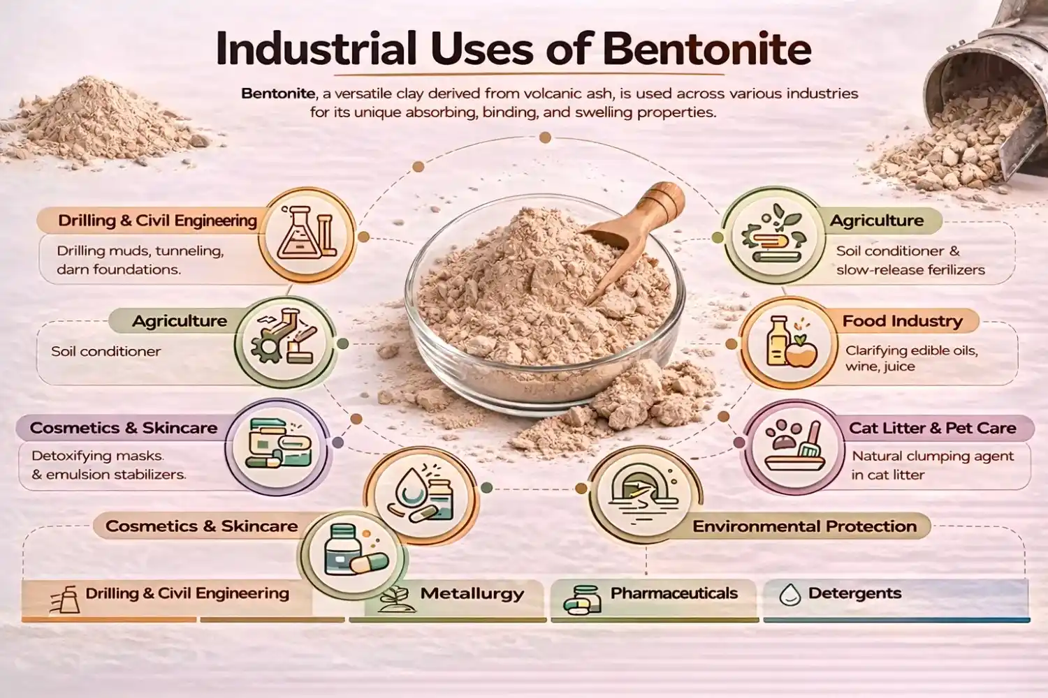 Comprehensive chart of industrial bentonite applications including oil drilling mud, civil engineering, cosmetics, and foundry sand casting.