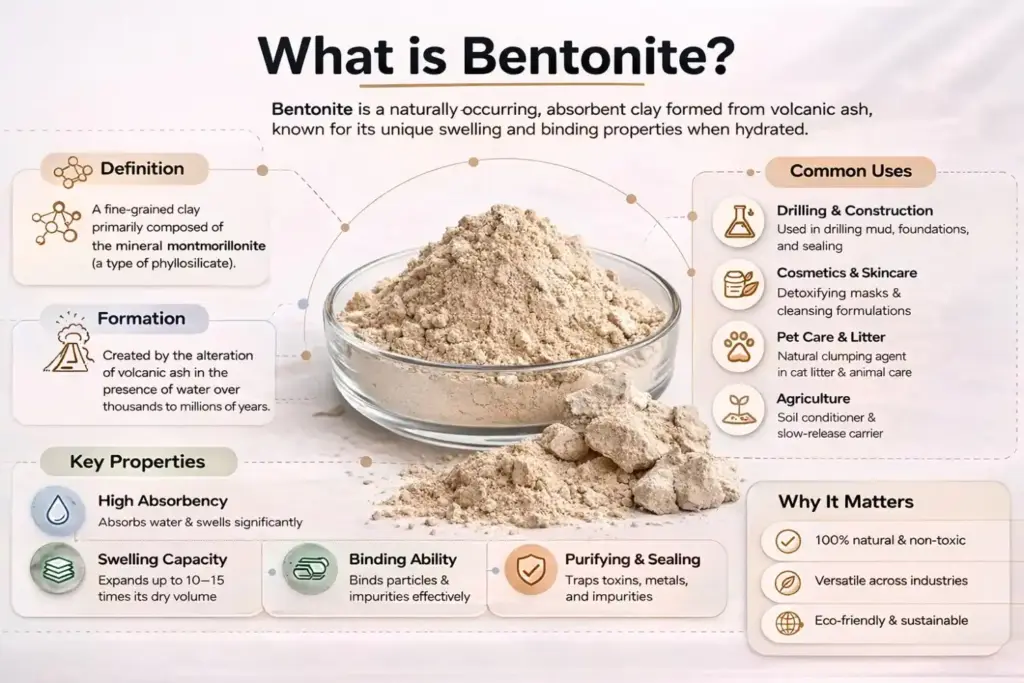 Descriptive infographic explaining what is bentonite clay, focusing on its volcanic origin, mineral properties, and high swelling capacity for industrial use.