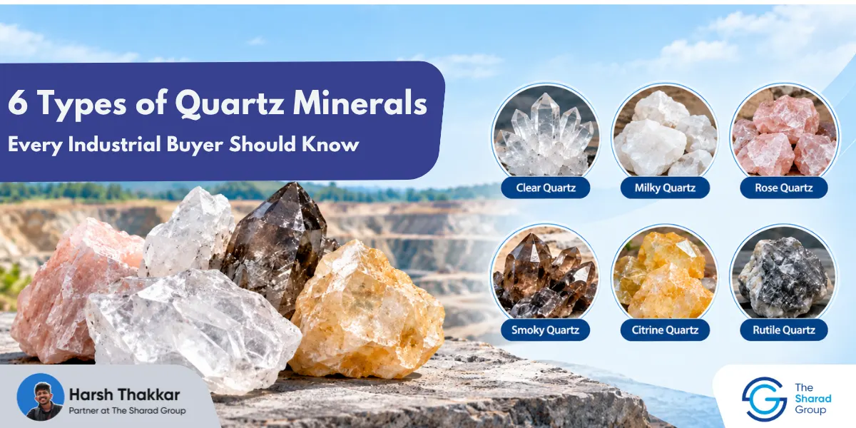 ix types of quartz minerals including clear, milky, rose, smoky, citrine, and rutile quartz