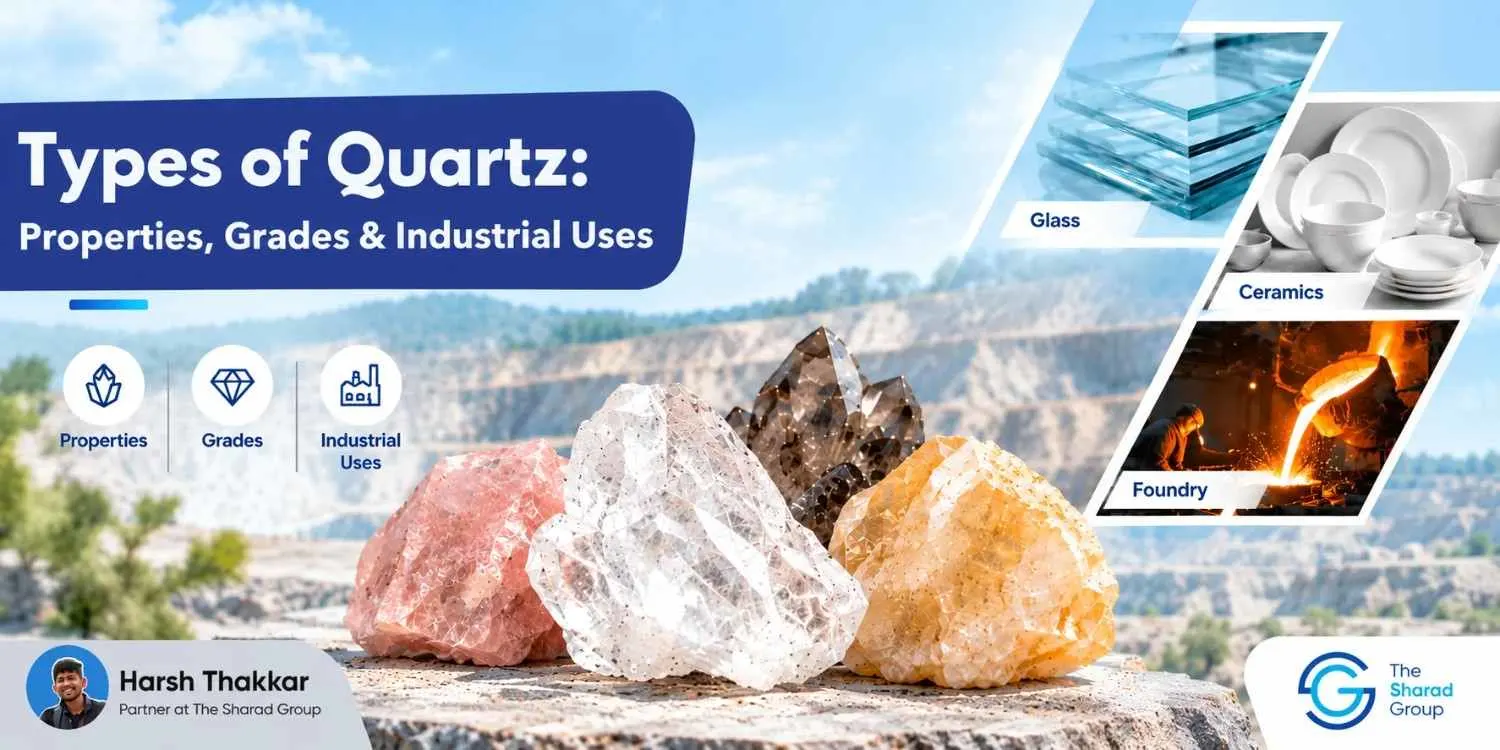 Types of quartz including rose, clear, smoky and citrine crystals with glass, ceramics and foundry uses at The Sharad Group