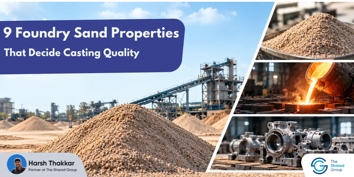 Foundry sand processing facility with silica sand, molten metal casting, and finished metal castings