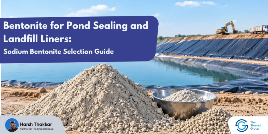 Sodium bentonite clay pile beside a lined pond and landfill liner site, with an excavator working in the background